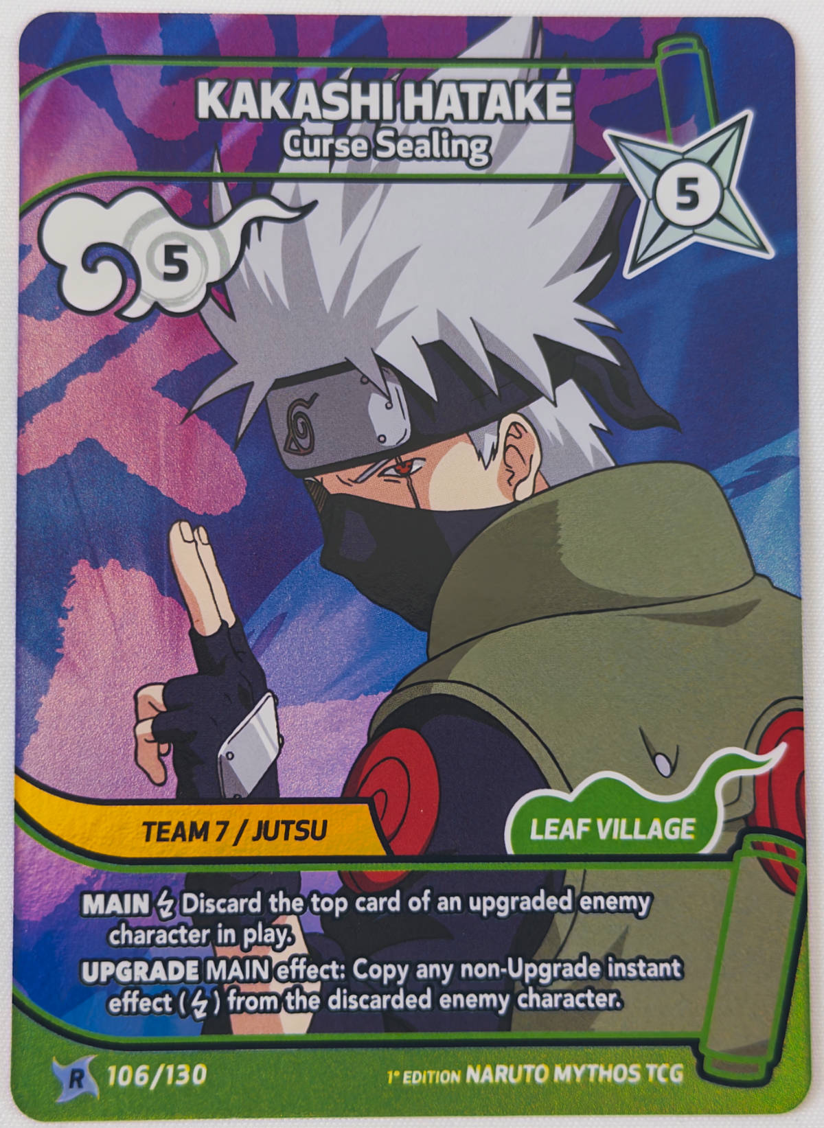 Carta Kakashi Hatake Curse Sealing 106/130 Rare Naruto Mythos TCG Konoha Shido