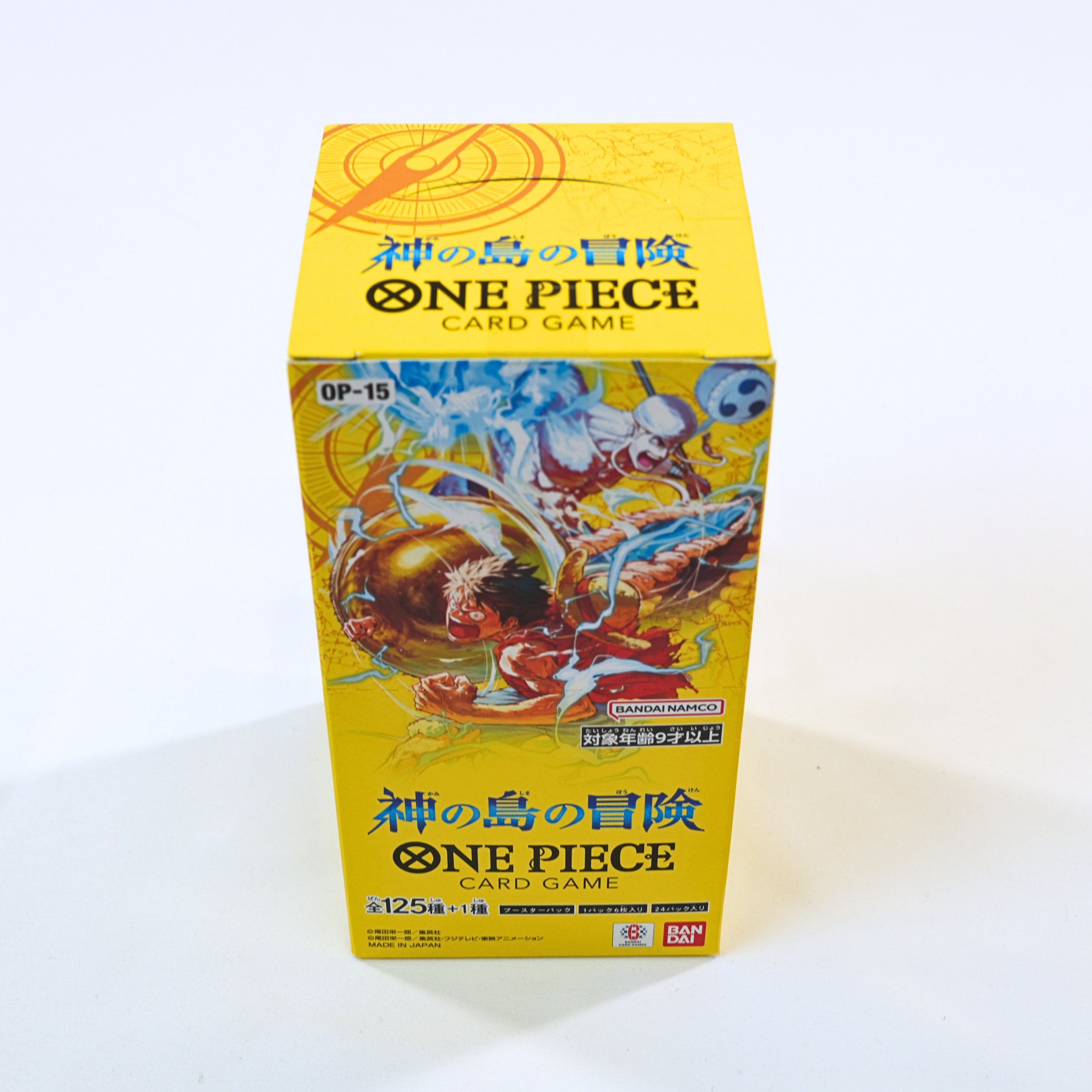 Booster Box OP-15 Adventure on Kamis Island One Piece Card Game japonés vista frontal de pie