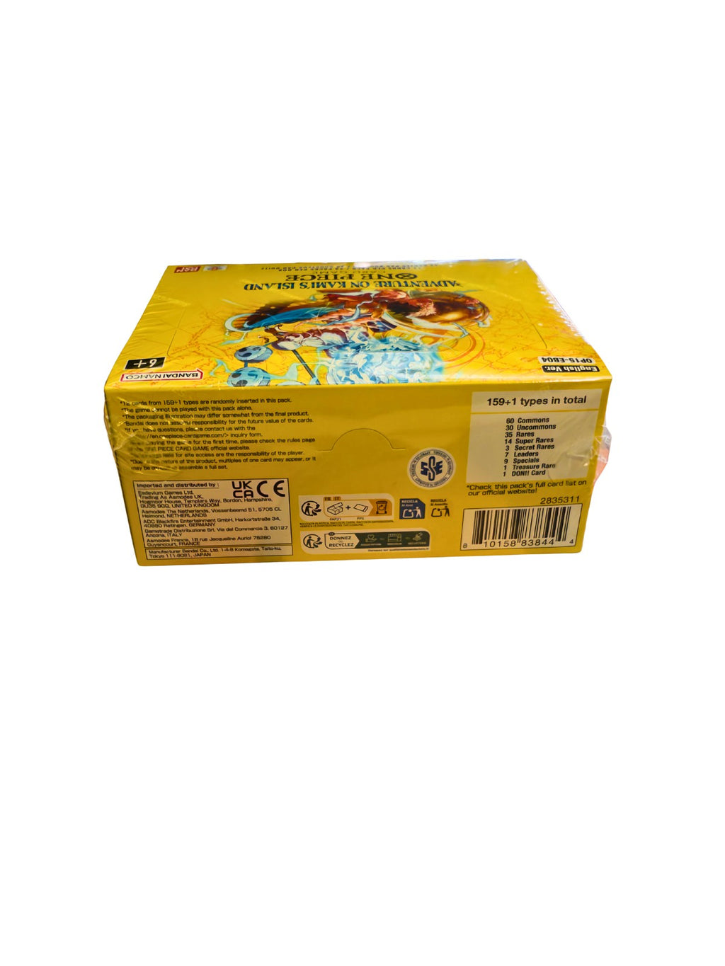 Parte trasera de la Booster Box Adventure on Kami’s Island One Piece con información oficial del producto.