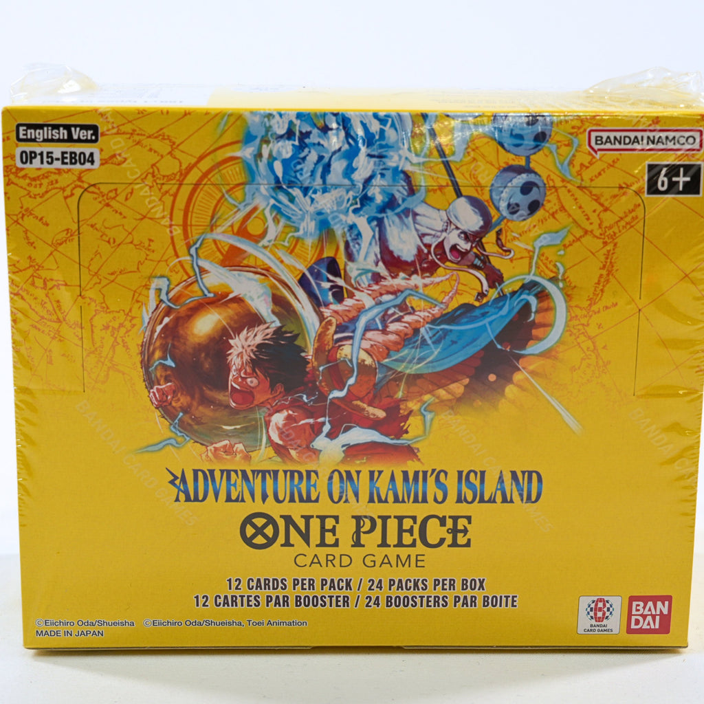 Booster Box Adventure on Kami’s Island One Piece Card Game en inglés, caja sellada vista de frente.