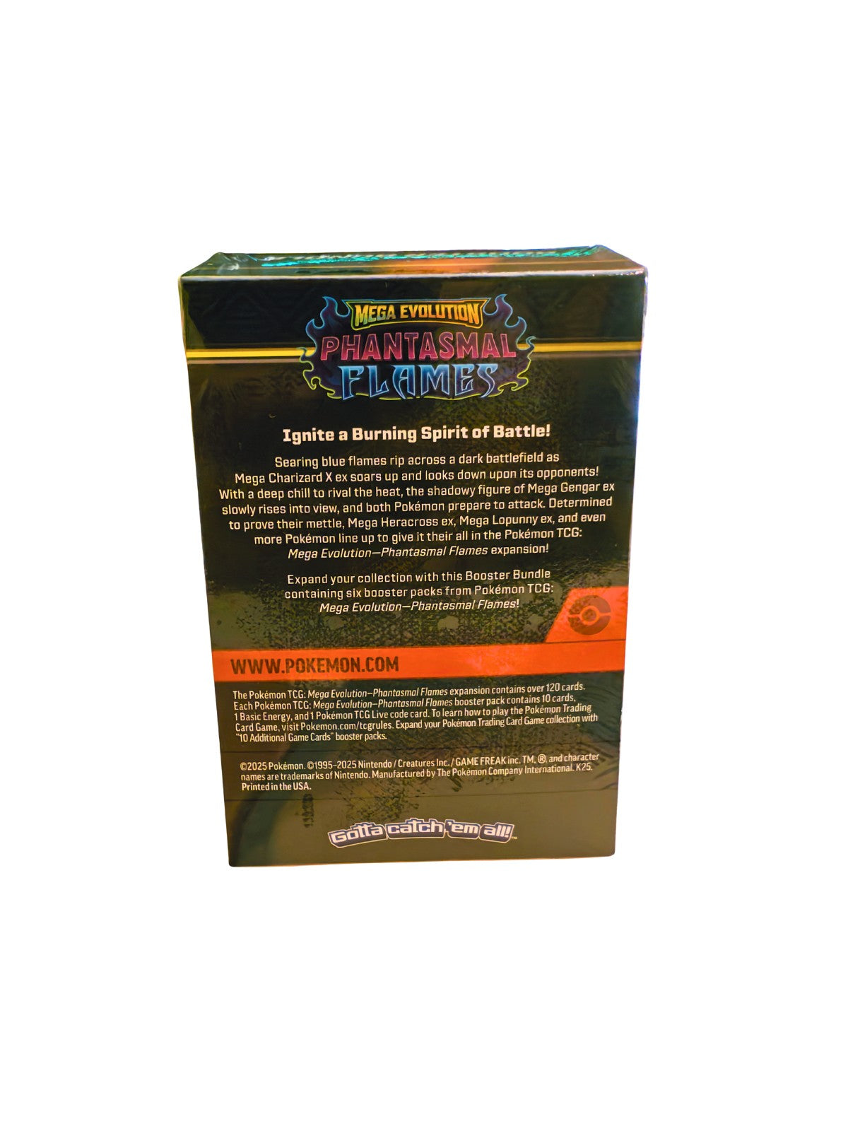 Caja sellada Booster Bundle Phantasmal Flames de Pokémon TCG con 6 sobres incluidos.