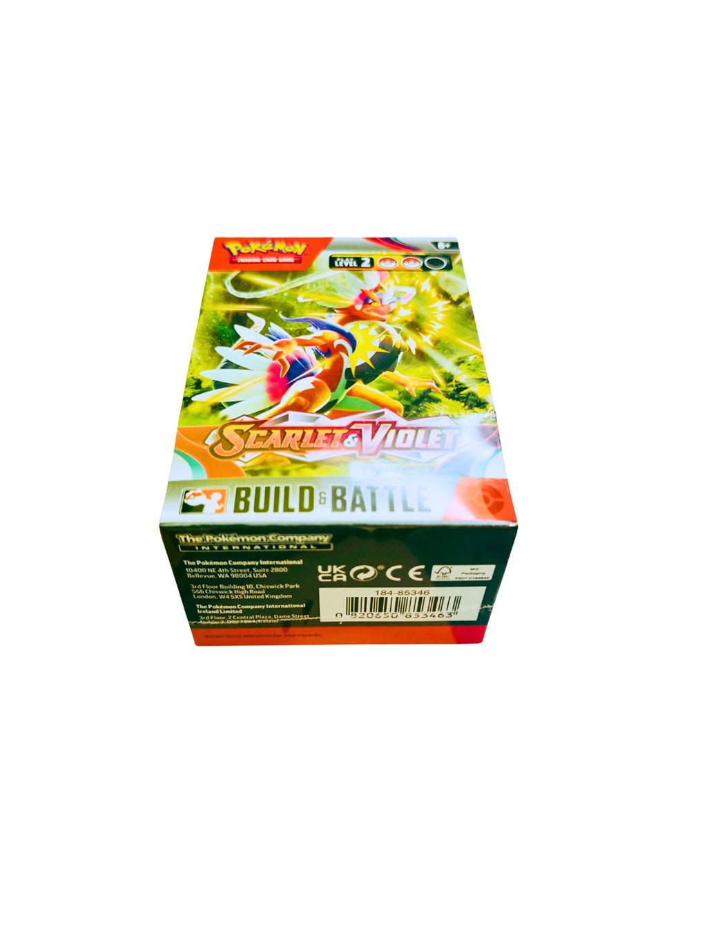 Caja sellada Build & Battle Scarlet & Violet Pokémon con diseño oficial de la colección Escarlata y Púrpura.