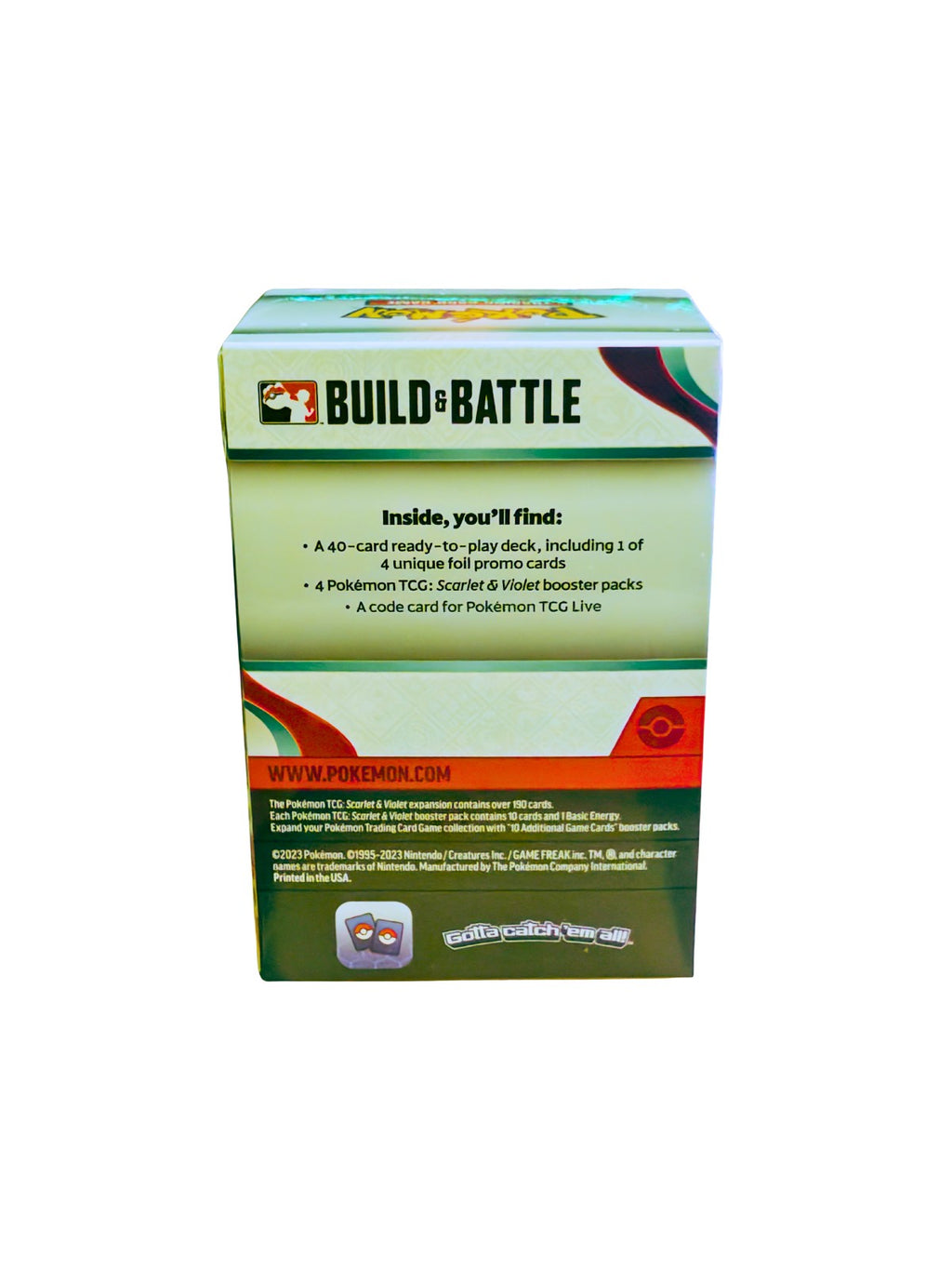 Parte trasera de la caja Build & Battle Scarlet & Violet Pokémon TCG con información oficial del producto.