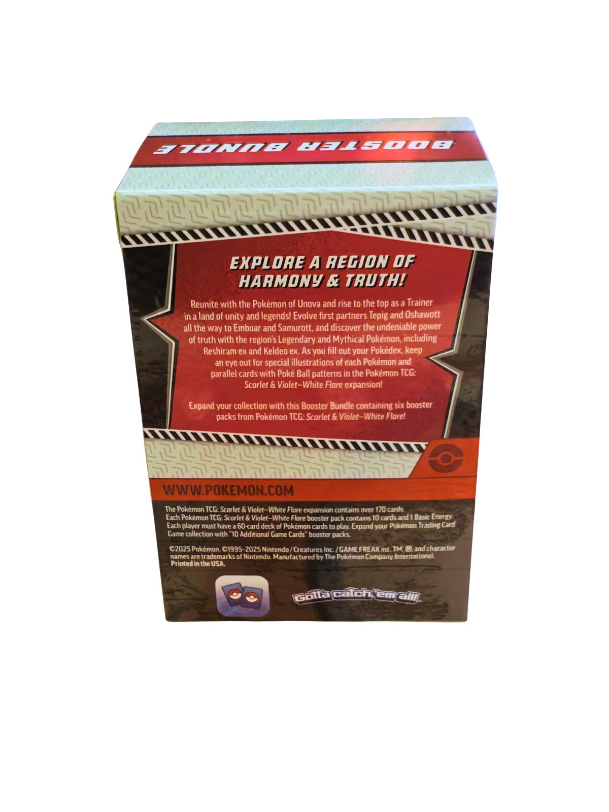Parte trasera del Booster Bundle White Flare Pokémon TCG con información oficial del producto.