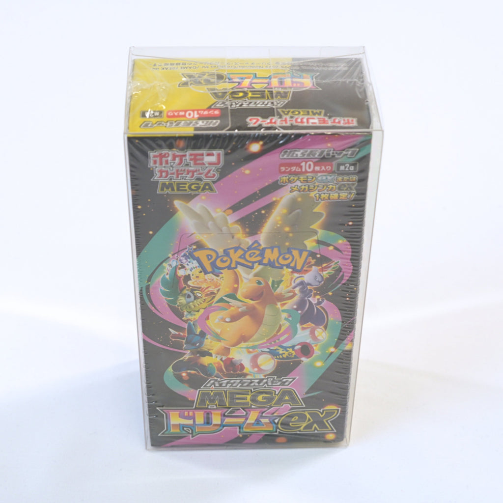 Vista frontal de pie de la Booster Box Pokémon MEGA Dream ex M2a, mostrando el diseño completo de la caja japonesa sellada