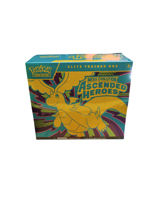 Elite Trainer Box Ascended Heroes Pokémon TCG en inglés, producto sellado visto de frente.