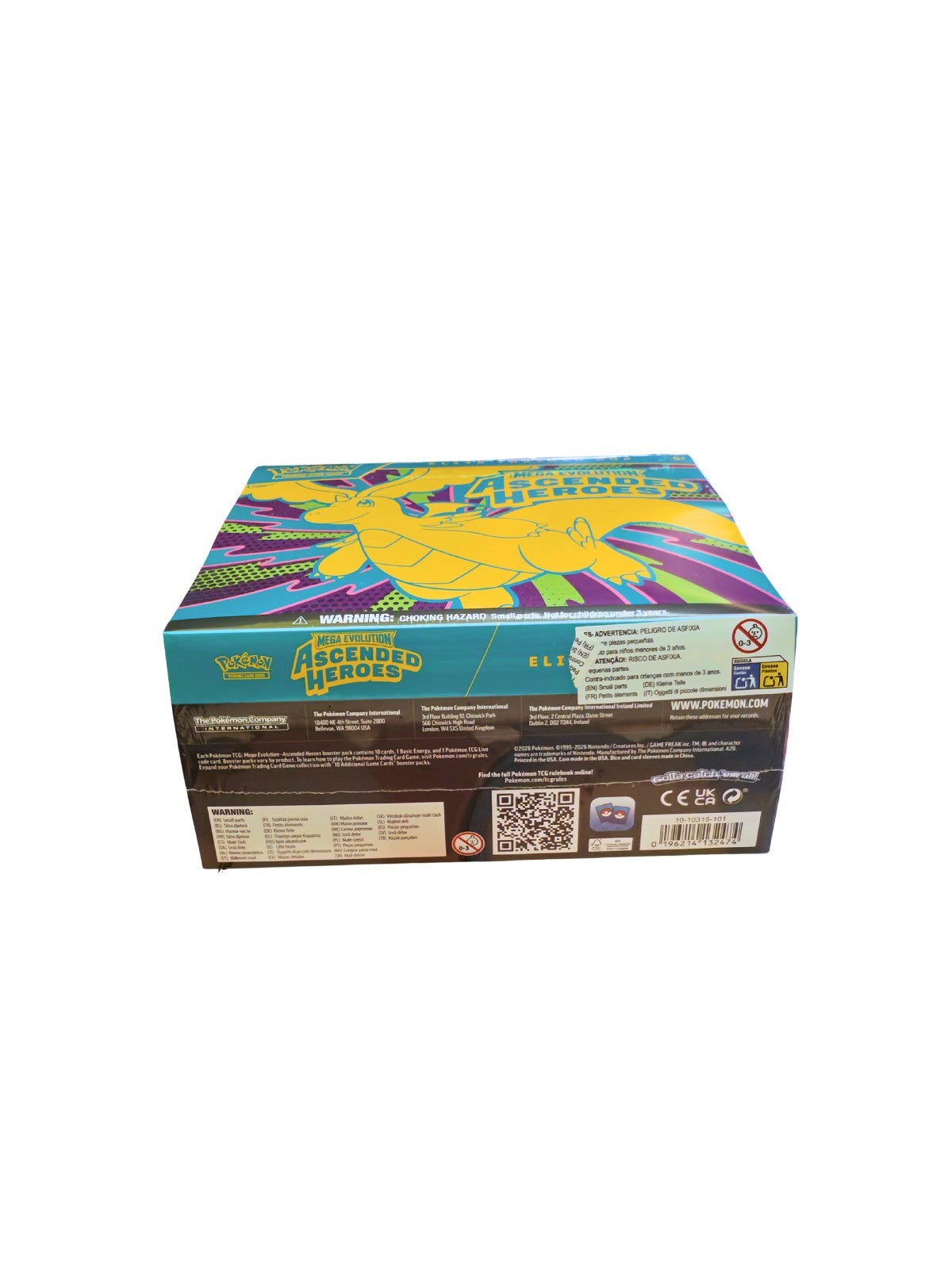 Vista lateral de la Elite Trainer Box Ascended Heroes Pokémon TCG con plástico exterior sellado.