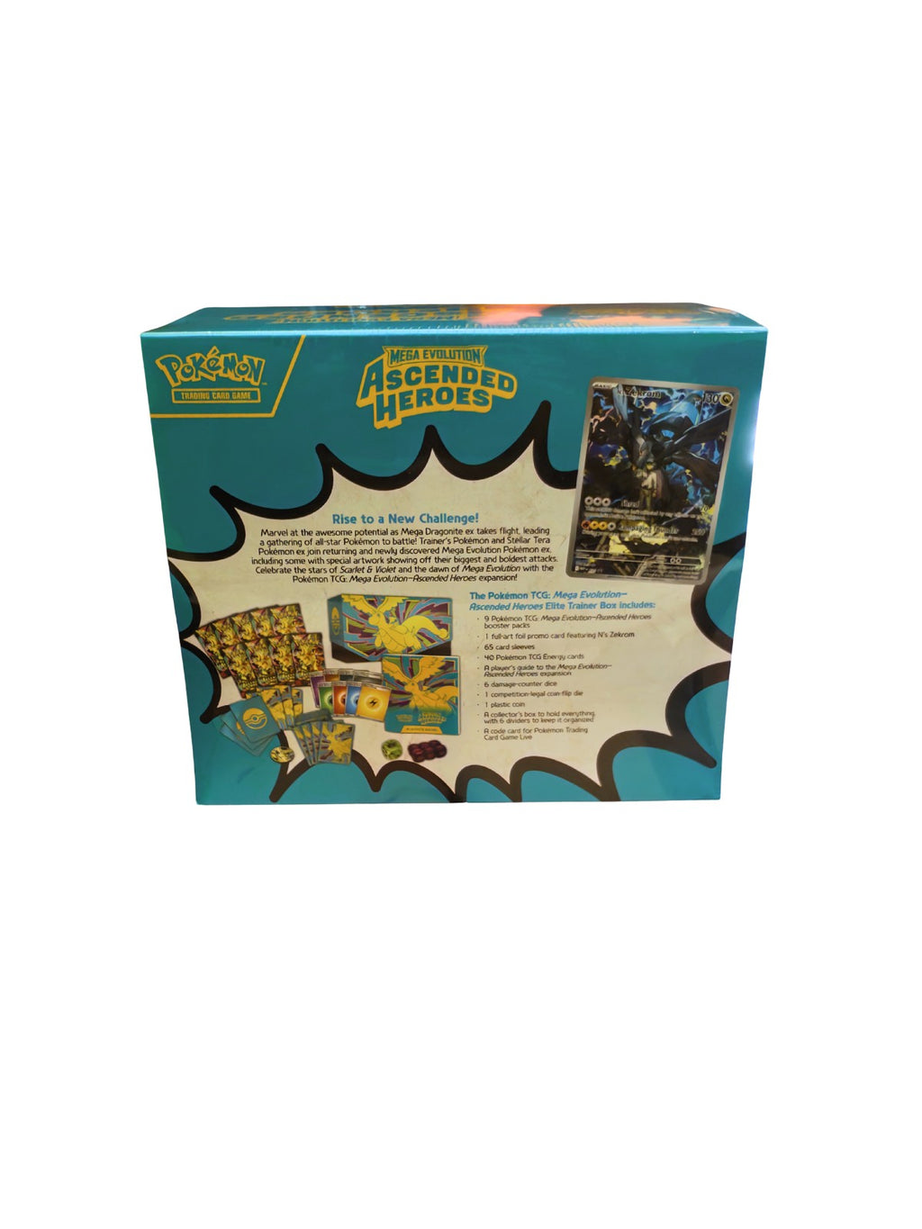 Parte trasera de la Elite Trainer Box Ascended Heroes Pokémon TCG con información oficial del producto.
