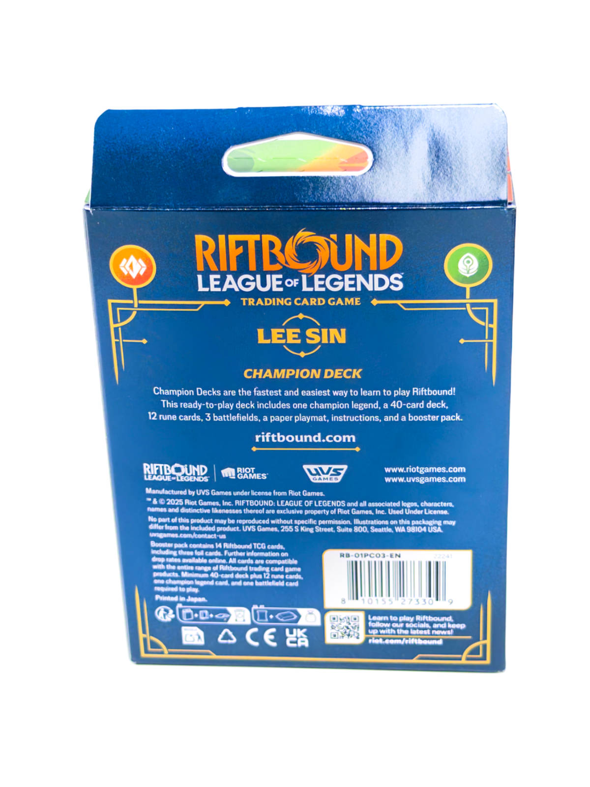 Parte trasera Riftbound Lee Sin Champion Deck con contenido detallado
